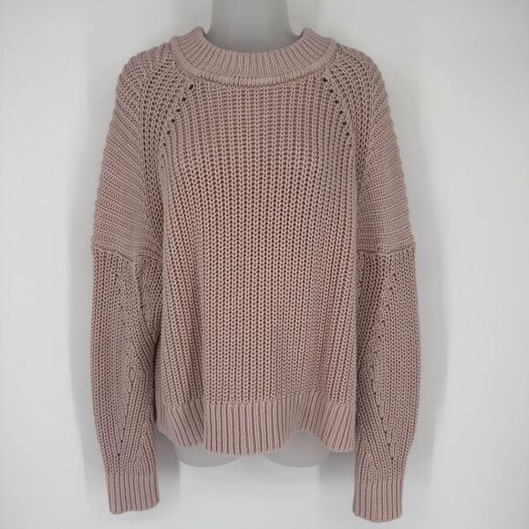 Express Pink Chunky Knit Fisherman Sweater Large Balloon Sleeve Ribbed Boho Cozy - Picture 1 of 9